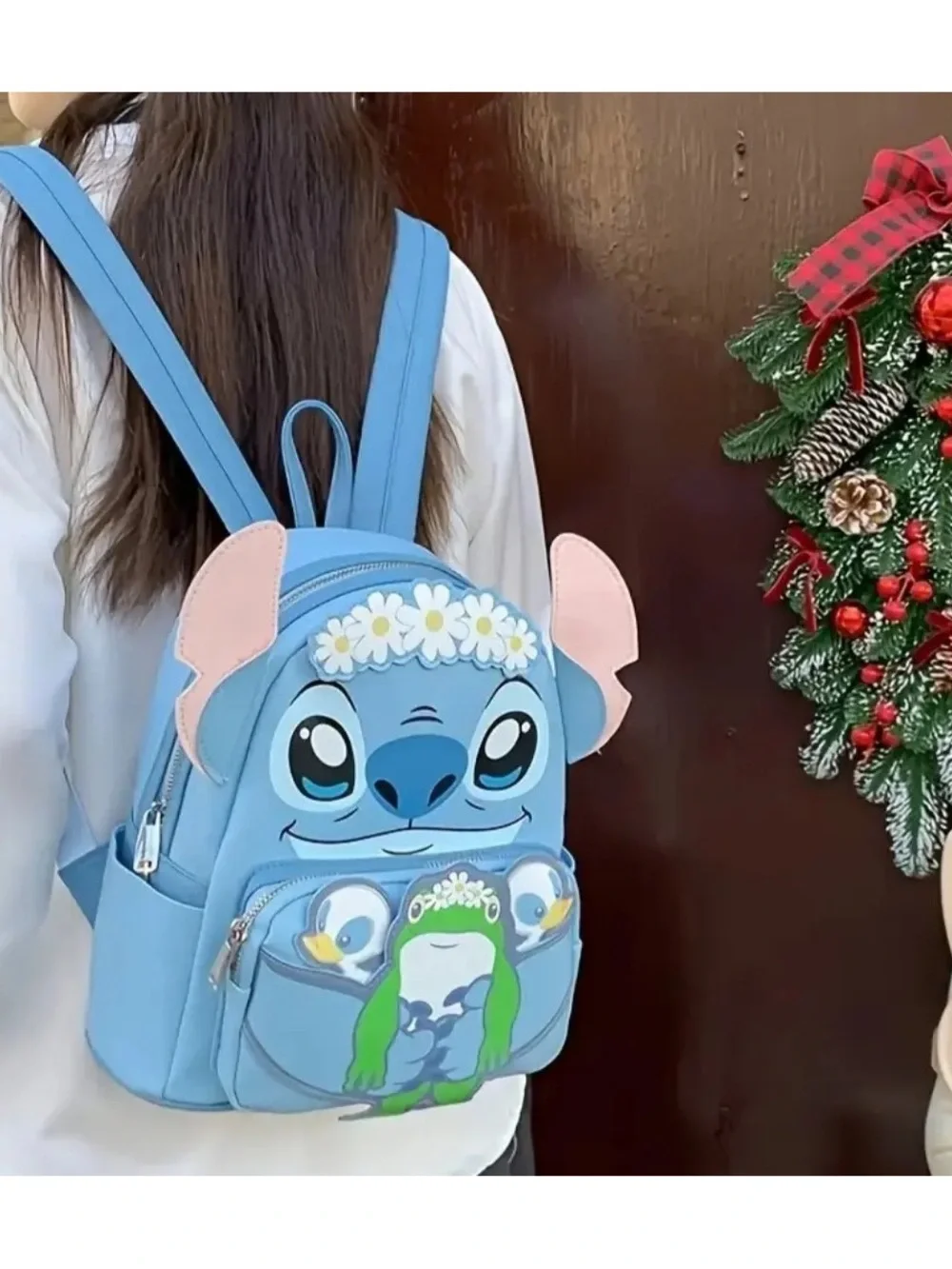 ❌SOLD❌Love Stitch Blue Kids Backpack with Green Frog and Pink Ear Accents